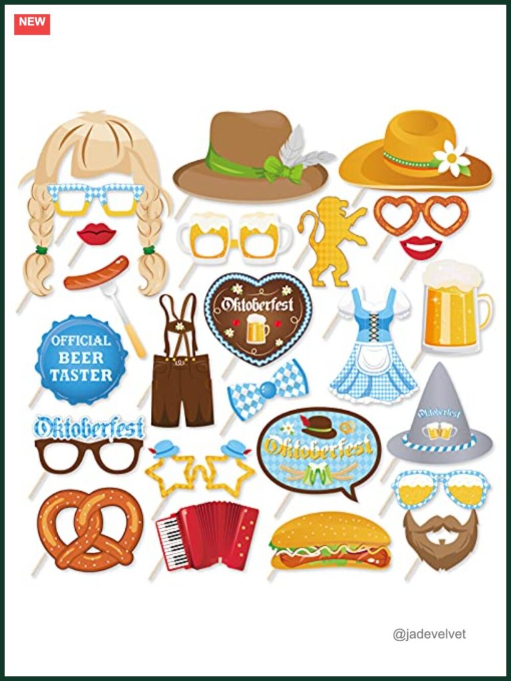 Oktoberfest Photo Booth Props Set of 25 - German Party Supplies with Wooden